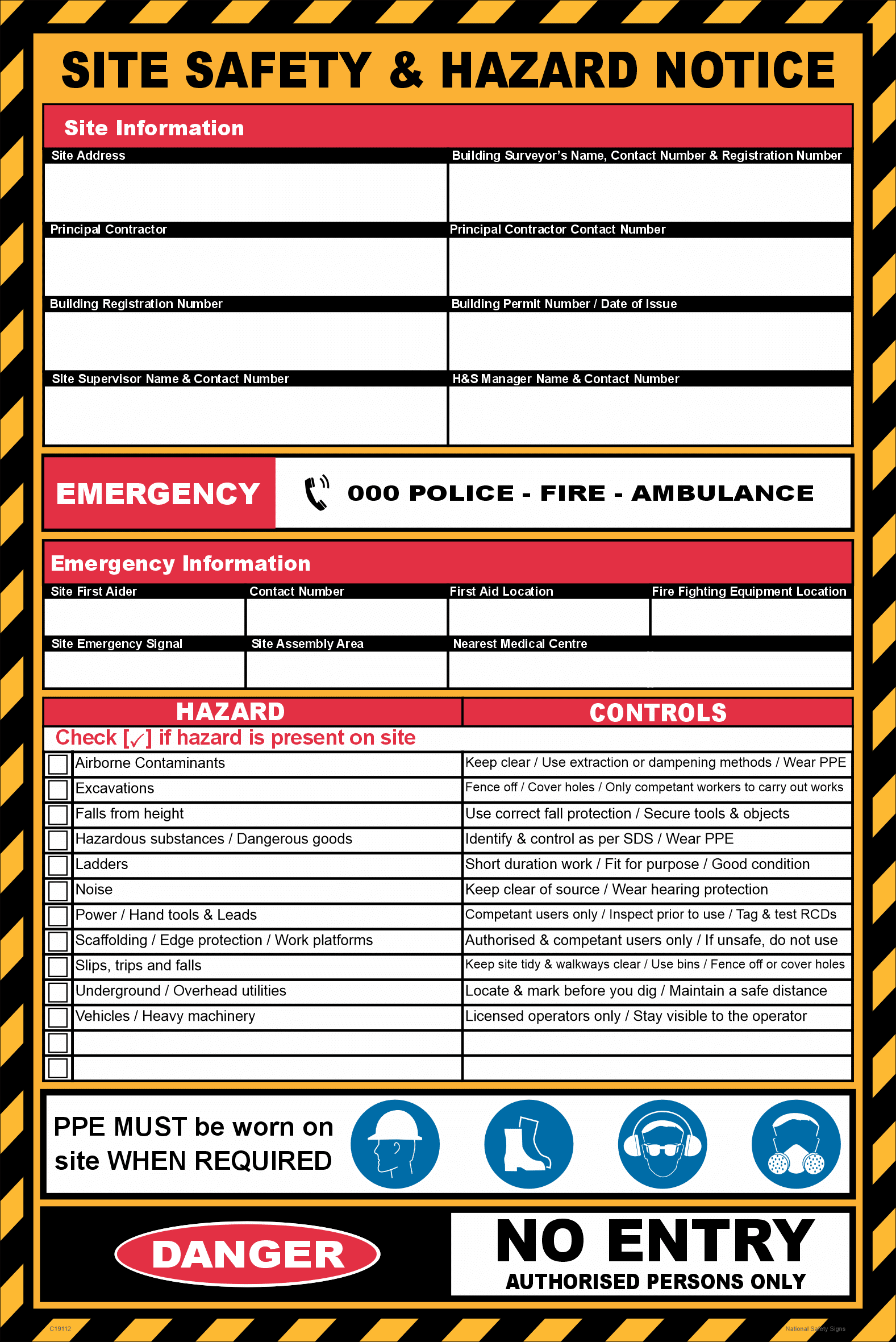 Site Hazard Notice Board C19112