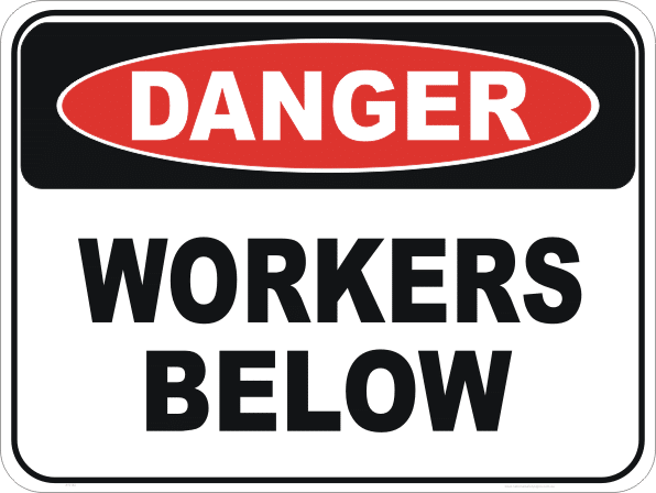 Workers below sign