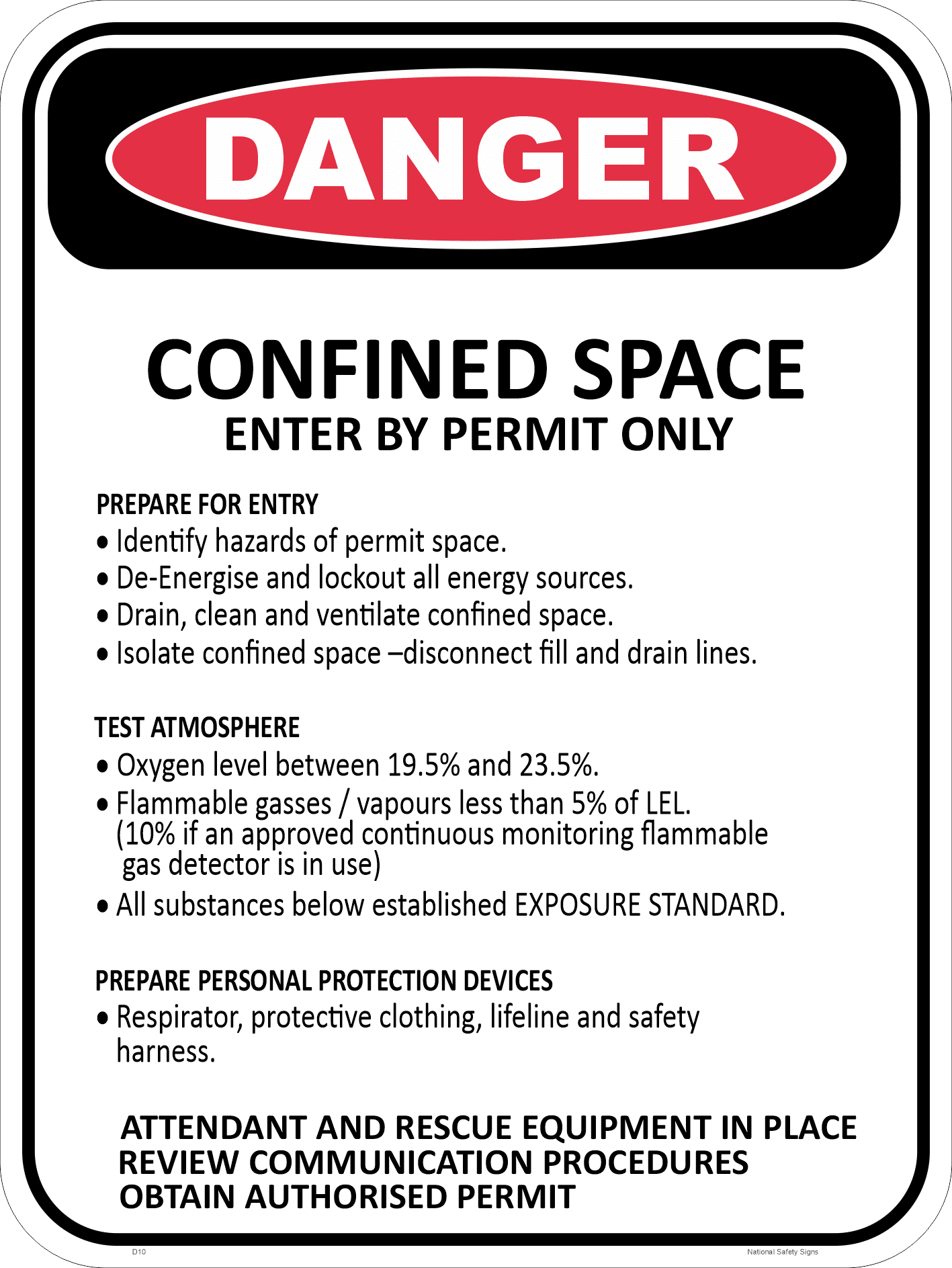 Confined Space Danger sign D10370