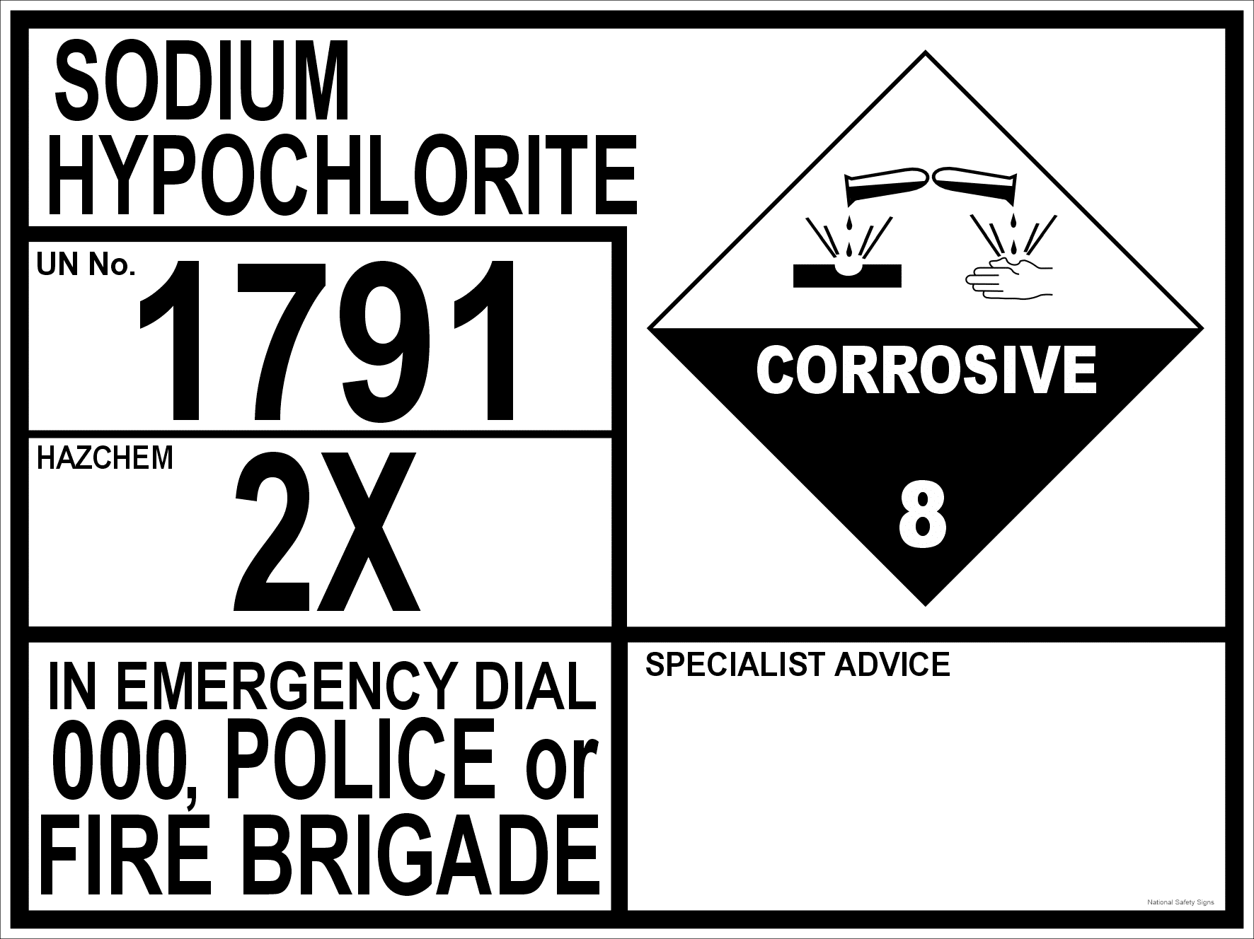 Sodium Hypochlorite Hazchem 1791 Sign H1564
