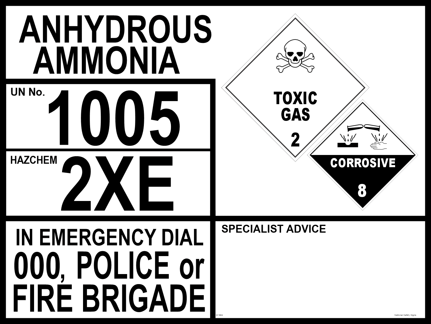 Emergency Information Panel Anhydrous Ammonia H1583