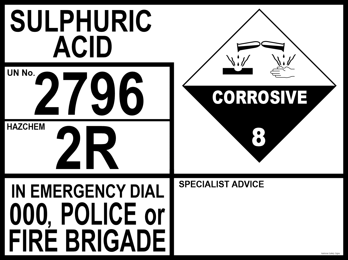 Emergency Information Panel Sulphuric Acid H1588