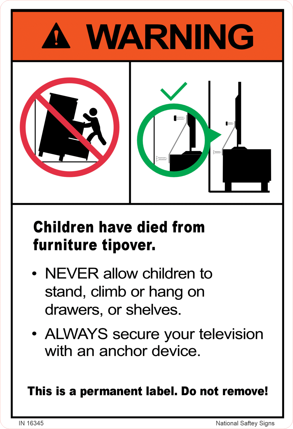 Toppling Furniture Mandatory Warning Label – Category 2 IN16345
