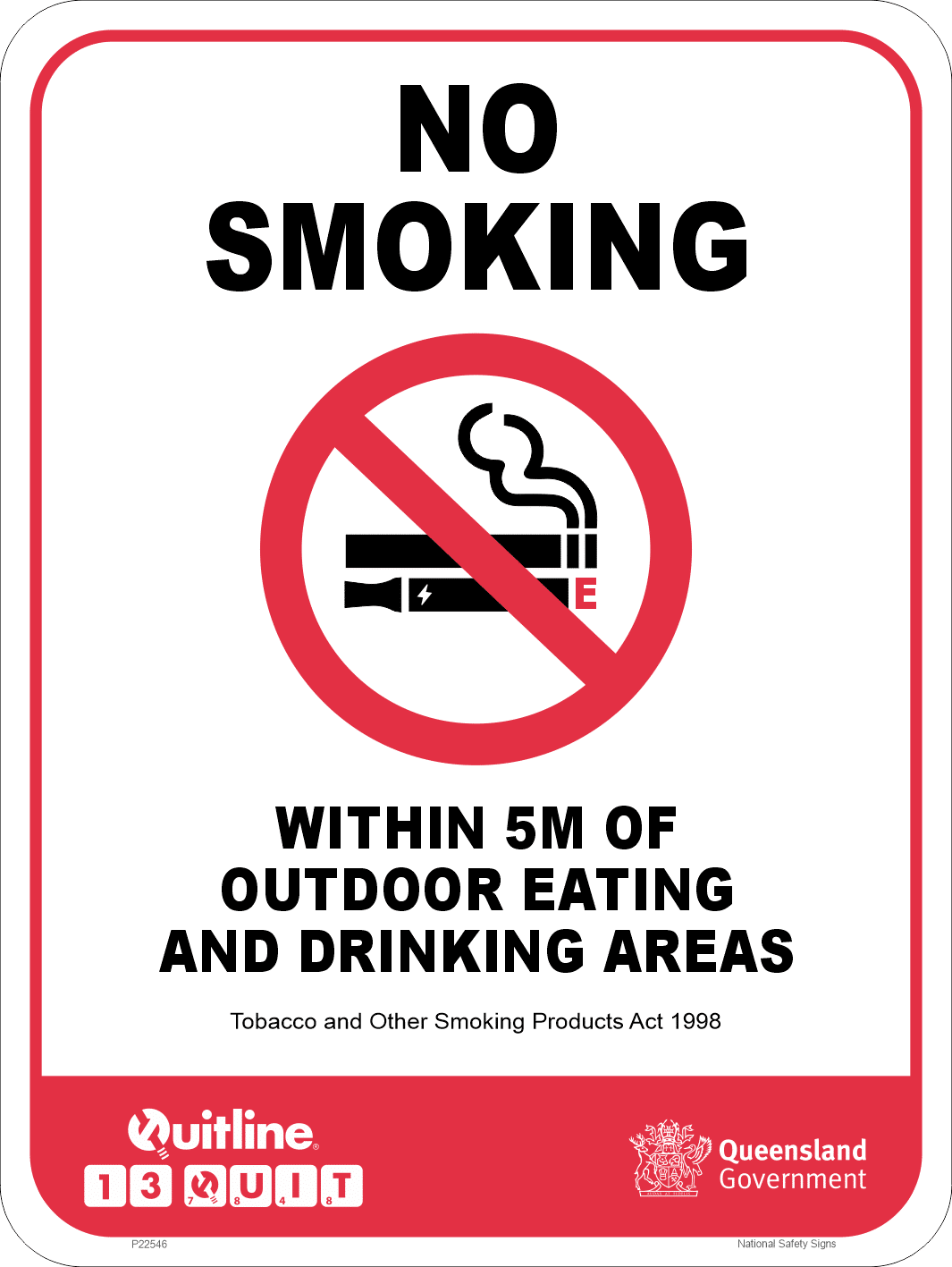 QLD No Smoking within 5M of outdoor eating areas sign P22546