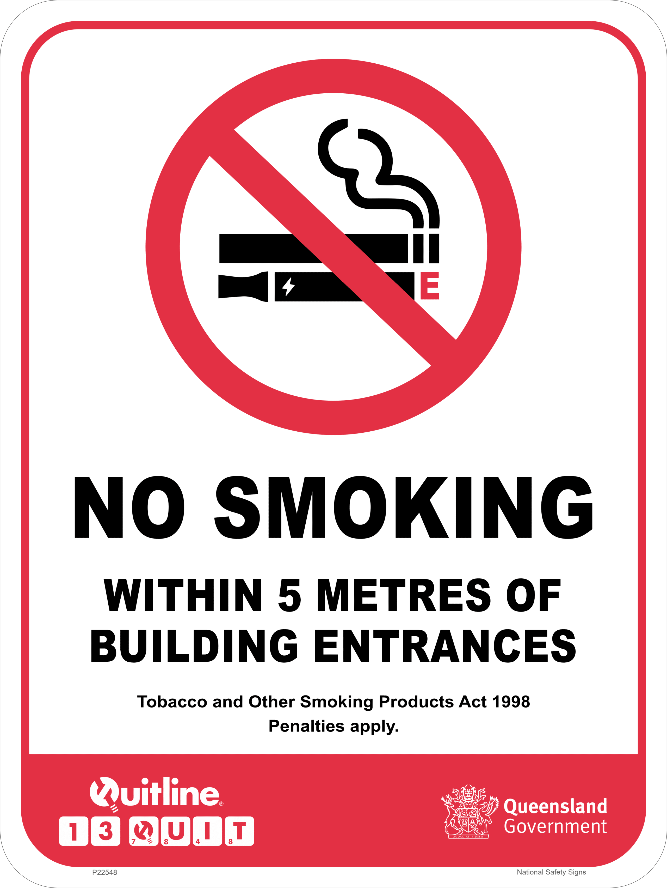 QLD No Smoking within 5M of Building Entrance Sign P22548